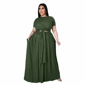 cm.yaya Plus Size Set Mulheres Soli Manga Curta Bandage Crop Tops Cintura Alta Solta Lg Saias 2 Conjuntos de Duas Peças Roupa de Treino F4KY #