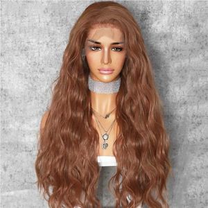 Nxy Vhair Wigs Rongduoyi Brown Color Natural Wave Heat Fiber Free Part Long Wavy Synthetic Lace Front Wig Women Party Daily Makeup Hair 240330