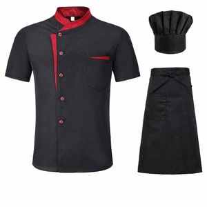 Conjunto de jaqueta de chef de manga curta, uniforme de trabalho de cozinha, hotel, cozinheiro, restaurante, camisas + chapéu + roupas de chef de abril para homens e mulheres T4S6 #