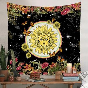 Tapestries Yellow Sunflower Wall Hanging Sun And Flowers Tapestry Decorative Blanket Bedroom Large Size Sofa Background Cloth