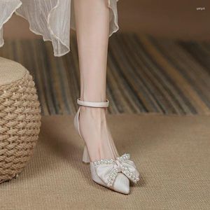 Casual Shoes Pointed Wedding High Heels Female Pearl Bow Bridesmaid Small Man Baotou Sandals 2024 Fashion Style Tide Comfort Anti-Slip