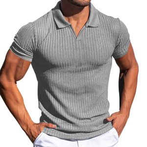 Gym T-shirt Männer Gerippte Sport Slim Fit T-shirt Sommer Lose Revers Gestreiften Einfarbig Kurzarm T Shirts Workout Pullover 240315