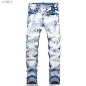 Men's Jeans Mens washed denim jeans street clothing painted buttons flying blue pants ultra-thin tapered pantsL2403