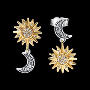 Charm 100% 925 Sterling Sier Sparkling Celestial Golden Sun Moon Earrings For Women Wedding Party Jewelry Perfekt födelsedagspresent Drop Otruf