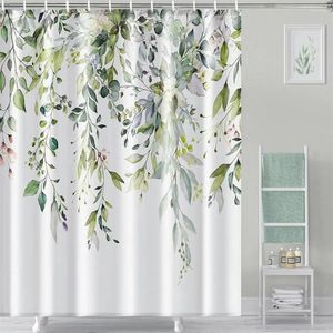 Cortinas de chuveiro eucalipto folhas cortina aquarela verde planta folha floral banho para decoração do banheiro casa tecido com ganchos