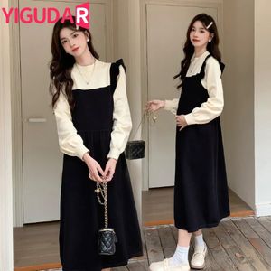 Maternity Dress Autumn Winter Long Sleeve Stitching Fake Two Pieces Clothes for Pregnant Women Knitted Pregnancy Dresses 240321