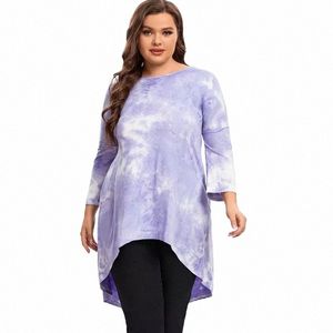 Plus Size LG Sleeve Elegant Tie Dye Tunic Tops LG Loose Autumn Hi Low Swing Blus T-shirt Plus Size Clothing Women 6xl 7xl T7vy#