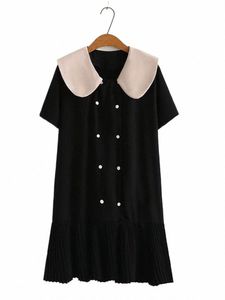 Plus Size Women Doll Collar Kort ärm Dr Löst kjol med två rader med butts kvalitetskjolar upp till 220 kg för kvinnor U1LQ#