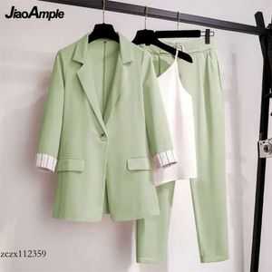Nya 2024 kvinnors byxor Set Spring Autnumn Sacka Jacket Suspends Trousers Three-Piece Korean Elegant Top Blazers Coat Pantsuit 220315 UIT