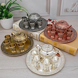 TeAware Setleri Retro Metal Çaydan Çay Halkı Tepsi Seti Simülasyon Antika İçme Mutfakları Alaşım Çay Pot Kupaları Tepsiler 6 Parça Flagon Winebowl