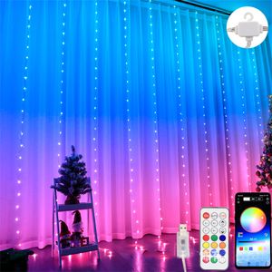 Luz de cortina de alteração de cor 3x3m Bluetooth App Rainbow Backdrop Window String Lights Light Janela Rainbow Curtain Fairy Lights