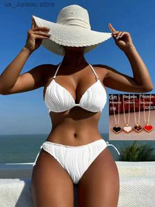 Kvinnors badkläder 2024 Sexig bikini Kvinnor Solid spetsar upp backless vadderad Micro Swimsuit Push Up Beach Bathing Suit White Tie Side Thong Badkläder T240330