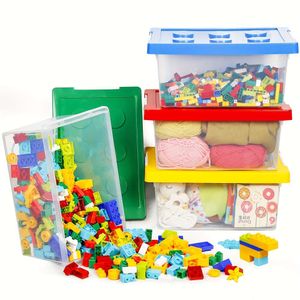 4st Toy Bins med lock, stapelbar plastorganisatorlåda, hållbar bärbar korgbyggnadsblockering, hushållsförvaringsorganisation för vardagsrum, kontor,