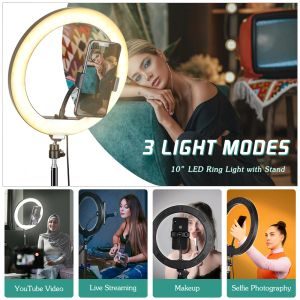 10 tum selfie skrivbordsring Ljus LED -lampstativstativ Telefonhållare för live stream makeup YouTube Video Photography Studio