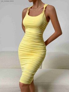 Basic Casual Dresses Sexy Slveless Wrapping Dress Women Square Neck Elegant Bodycon Evening Dresses Pleated Slip Party Club Wear T240330