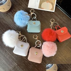 Key Rings Pompom Leather Bag Keychains Coin Purses Chains Holders Fashion Pu Pouches Pendant Keyrings Trinkets Cute Women P Dhgarden Dhpus