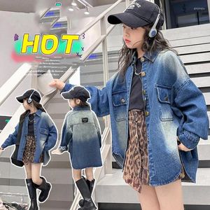 Куртки 2024, Корейская весенне-осенняя школьная джинсовая куртка для девочек, детская однобортная спортивная повседневная верхняя одежда с градиентом для юниоров