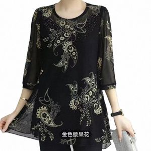 new Casual Spring Summer 3/4 Sleeve Blouse Plus Size Fi Printed Women's Clothing Commute Loose Round Neck Gauze Midi Shirt i2vw#