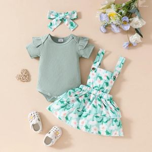 Clothing Sets Baby Girl Summer Clothes Ruffle Short Sleeve Romper Flower Print Suspender Skirt Overall Headband Daisy Set