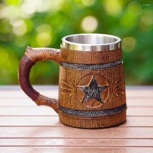 Kubki retro pięcioramienna gwiazda imitacja drewniana kubek piwo 304 Liner ze stali nierdzewnej żywica kawa Viking Wine Kieliszon spersonalizowany prezent