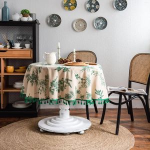 Table Cloth Round 150cm Restaurant Cotton Linen Green Pine Tree Printed Tablecloth Dustproof Cover Home Decoration Ins