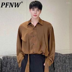 Men's Casual Shirts PFNW Lapel Men Shirt Personality Irregular Ribbon Solid Color Satin Pleated Male Niche Design Wear Spring 9C4643