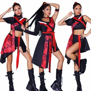 Китайский стиль джазовые танцевальные костюмы для женщин красные черные наряды группы девочек хип-хоп танцевальная сцена Rave одежда DQS15234 A8oA #