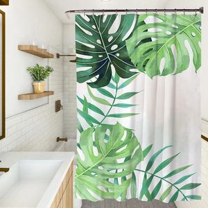 Duschgardiner nordiska blad Bright Palm Leaf Floral Bath Curtain Set Polyester Fabric Hem Badrumdekor med krokar