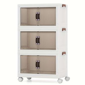 1pc 60 Gal Bins 3-tier Stackable Storage Boxes W/ Lid Lockable Casters, White + Brown