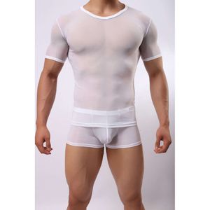 T-shirt a maniche corte trasparente in maglia sexy da uomo forte con muscoli stretti T-shirt a maniche corte sportiva traspirante da uomo E670