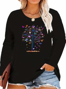 T-shirt manica lunga autunno/inverno da donna taglie forti, bellissima stampa colorata con albero di farfalle, stile casual neutro retrò, rotondo v3K3 #