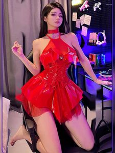 Casual Dresses Womengaga Exotic Cosplay Mesh spets ren miniklänning Sexig snäv lack Devil Pu Uniform Elegant Korean Fashion Top 8k0i