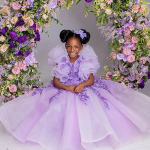 2024 Purple Flower Dresses Communion Gowns V Neck Tassel Beaded Lace Tiered Organza Princess Queen Birthday Party Dress For Cute Little Girl F114 407