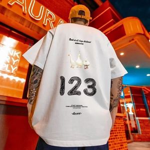 Koszulka American High Street Retro z krótkim rękawem dla mężczyzn Śmieszny list z kaczki nadrukowano Tshirt Summer Cotton Y2K Tee Streetwear Tops 240327