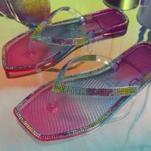 Chinelos strass quadrado-cabeça transparente geléia flip-flop moda strass pvc praia aberto slides feminino verão 2024