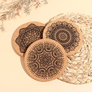 12Pcs Mandala Design Round Shape Wooden Coasters With Rack Round Cork Coaster