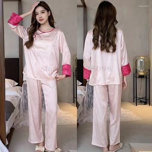 Casa roupas femininas primavera cetim pijamas calças de manga comprida conjunto de duas peças moda estilo chinês retro pijamas em torno do pescoço pijamas