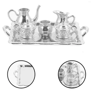 Teaware set mini tekanna kopp tallrik miniatyrer metall te vattenkokare hus möbler matsal leksak barn leksaker gåvor