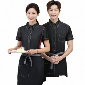 waiter Workwear Hotel Chinese Tea House Restaurant Catering Clothing Hot Pot Restaurant Restaurant Uniform Denim Shirt B2Bq#