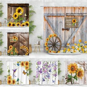 Tende da doccia Tenda girasole Primavera Piante floreali Fattoria Rustica Porta del fienile Farfalla Foglia Tessuto in poliestere Set di decorazioni per il bagno