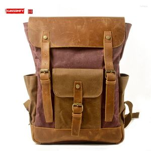 Backpack Retro Outdoor Canvas Stitching Crazy Horse Leather Men Oil Wax Waterproof Computer Schoolbag Unisex