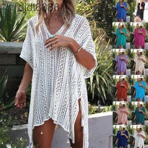 Holiday Swimsuit Hollowed Out V-neck Loose Bikini Blouse Knitted Beach Sunscreen Dress Multicolor