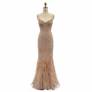 Shar powiedział, że luksusowe pióra szampanowe wieczorne dres dla kobiet ślubne paski spaghetti syrena lg impreza Prom Dres SS171 S3A3#