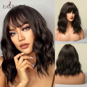 Perucas EASIHAIR curto bob encaracolado ondulado peruca sintética com bang marrom escuro natural perucas femininas para uso diário cosplay fibra resistente ao calor