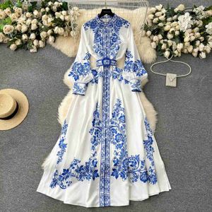 Vestidos Casuais Básicos Nova Moda Runway Vestido de Porcelana Vermelho e Branco Womens Stand Long Lantern Slve Azul Floral Imprimir Camisa Robe Vestidos 2377 T240330