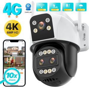 4G WiFi IP Camera Outdoor 4K HD 10X Zoom Three Lens Dual Screen Sim Card PTZ Camera Ai Tracking Video Surveillance CCTV Cam Camh