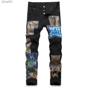 Mäns jeans herrar kamouflage patch elastiska denim jeans punk svart ultratunn avsmalnande byxor gata klädknapp fluga hål tårtroussl2403