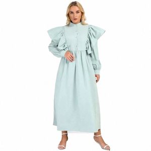 Plus Size Mulheres Lg Dr Elegantes Robes Cor Sólida Bunda O Pescoço Ruffles Lg Manga Vintage Dr Solto Roupas de Queda x7zr #