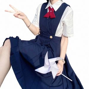 Menina japonesa Sundr Sleevel Pinafore Plissado Dr High School JK Uniforme de Marinheiro Cosplay Seifuku Roupas de Estudante Marinha / Vermelho L76K #