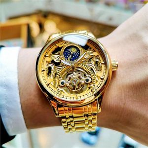 Bilek saatleri Lüks Altın İzle Erkekler Moda Ay Faz Tourbillon İskelet Otomatik Mekanik Saatler Paslanmaz Çelik Kayış Aydınlık